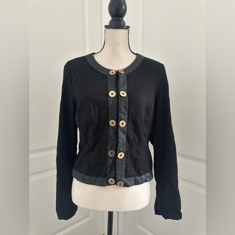 CAbi Cropped Black Sweater With Leather Detail and Gold Buttons